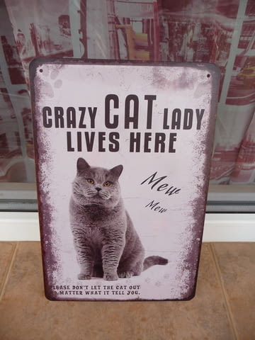 Метална табела Crazy Cat Lady lives here лудата женска котка живее тук мяу - снимка 1