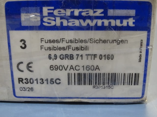 Предпазител Ferraz Shawmut Protistor R301315 Fuses 6.9GRB71TTF0160 160A 690VAC - снимка 7