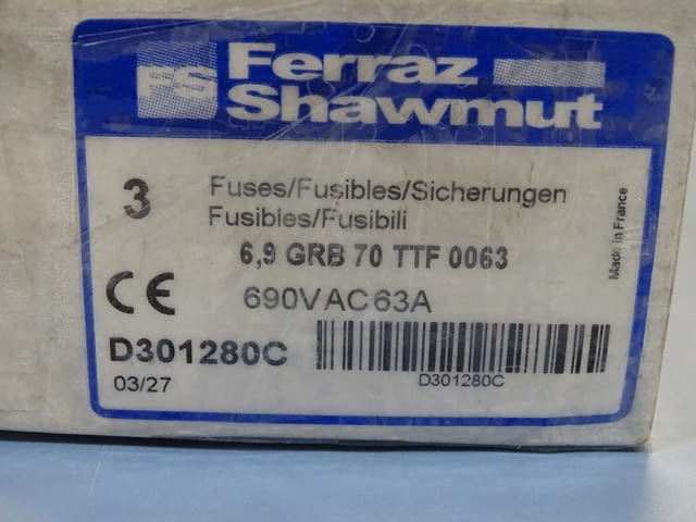 Предпазител Ferraz Shawmut Protistor D301280 Fuses 6.9GRB70TTF0063 63A 690VAC - снимка 8