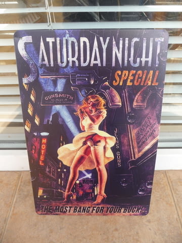Метална табела Saturday night special еротика евтини пистолети револвери - снимка 1