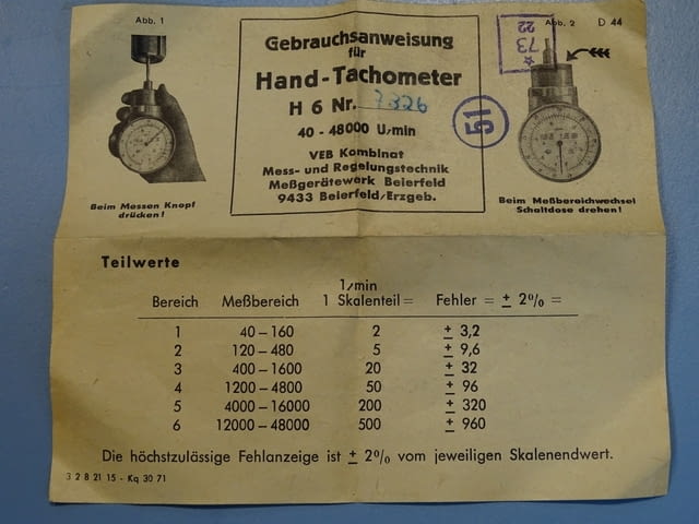 Оборотометър механичен VEB Kombinat Hand-Tachometer TYP H6 40-48000min-1 - снимка 11