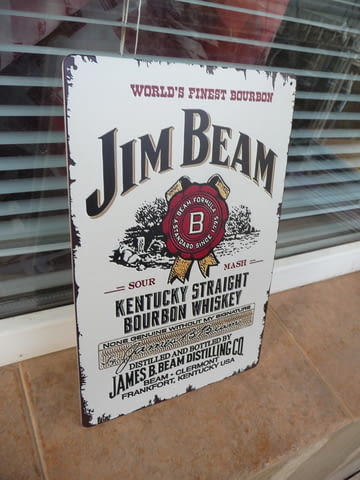 Метална табела уиски бърбън Jim Beam Bourbon бял етикет печат декорация бар - снимка 2
