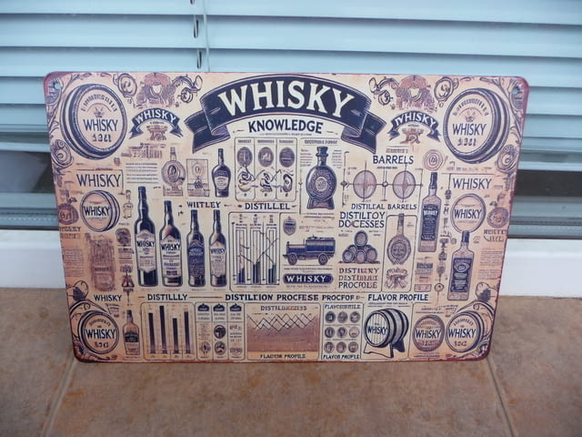 Метална табела Уиски познание производство дестилация бутилиране бъчви бутилки - снимка 1